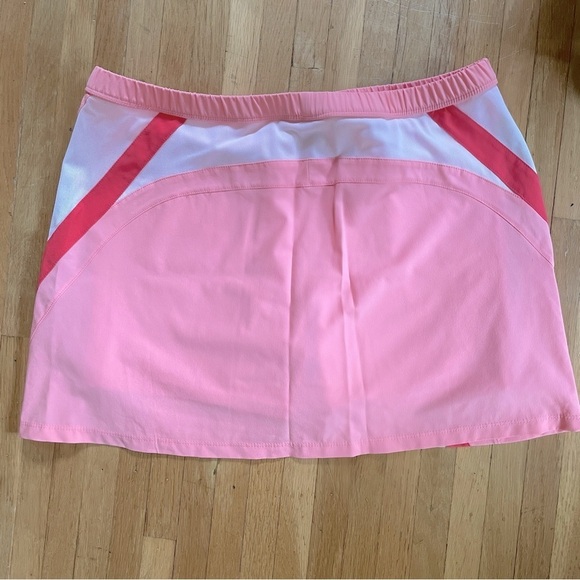 Nike Dry Fit Coral Pink Tennis Skirt w/ Red & White Mesh Stripe, Yellow Logo L - Picture 2 of 5